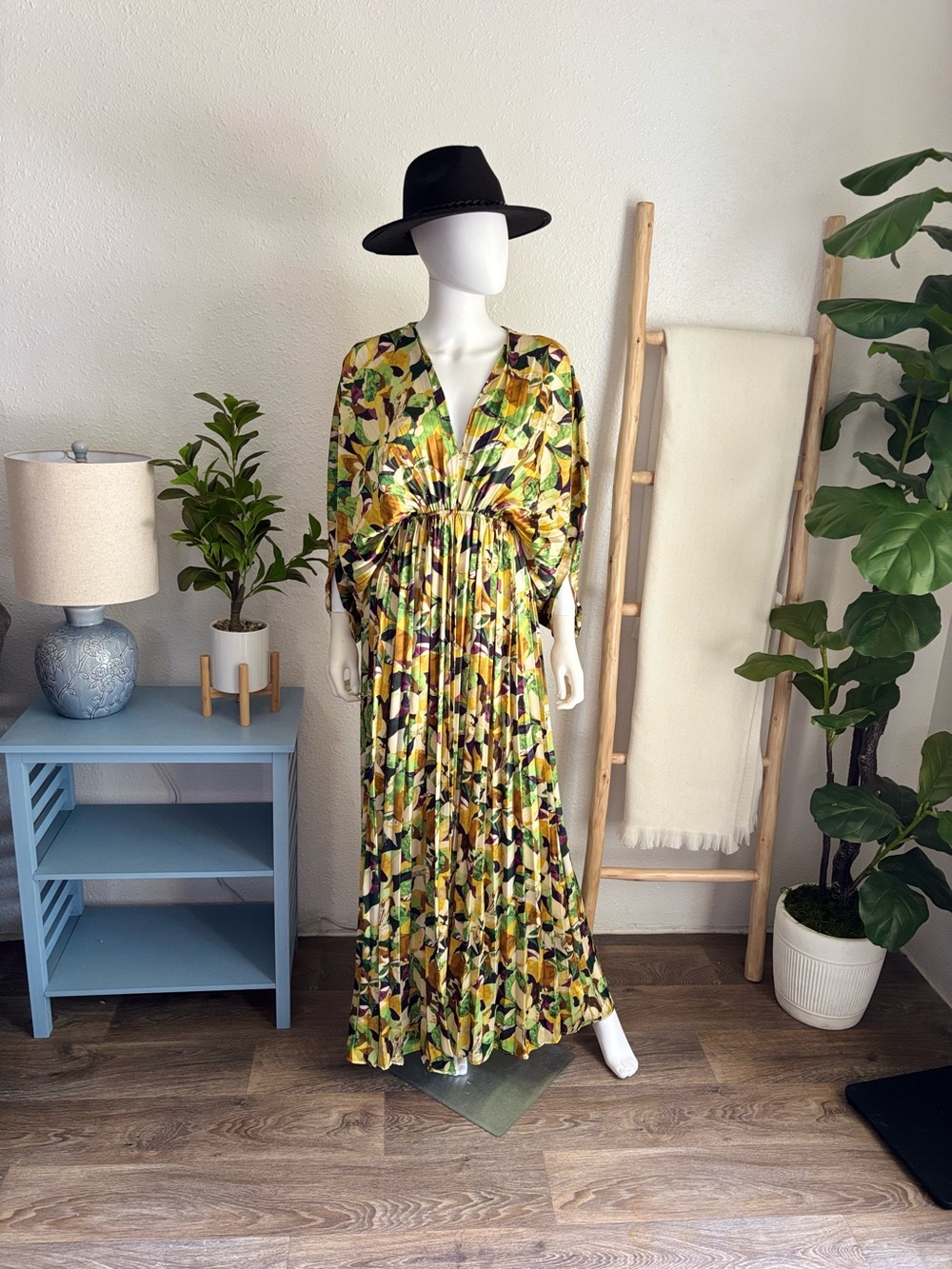 Abstract Yellow-Green V-Neck Maxi Dress